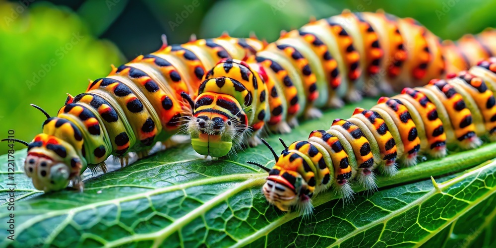 Vibrant Green Caterpillar on Leaf, Orange Head, Closeup Vibrant Green Caterpillar on Leaf, Orange Head, Closeup