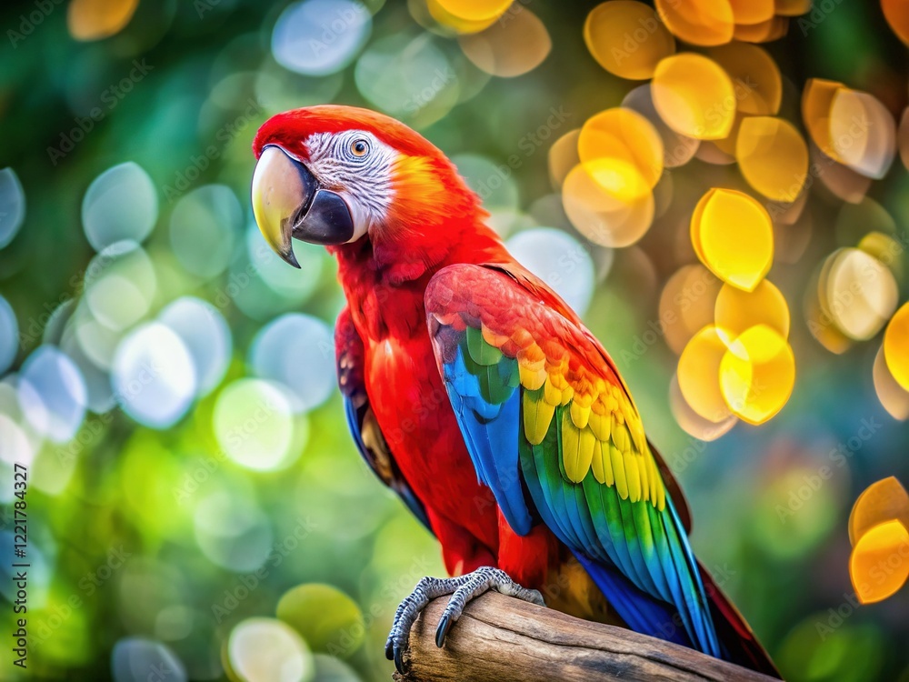 Vibrant Macaw Parrot, Colorful Feathers, Bokeh Background - Stock Photo