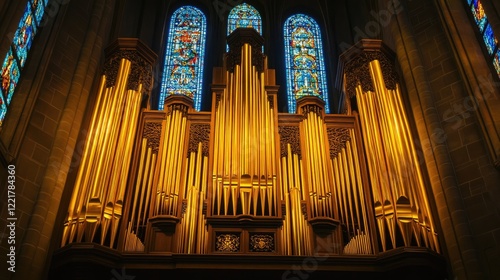 A cathedral organ with golden pipes illuminated by ambient light from stained glass windows.