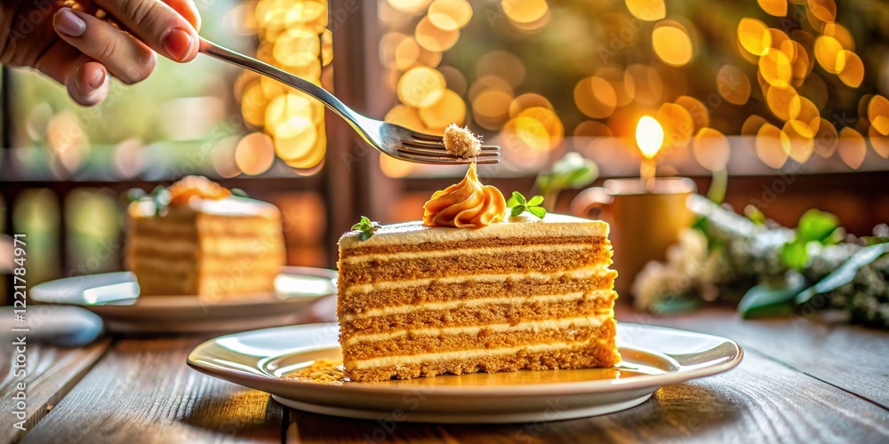 Obraz premium Woman Enjoying Delicious Honey Cake Medovik in Cozy Cafe - Lifestyle Vertical Video Still