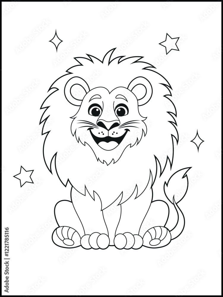 Obraz premium Illustration of a cute baby lion cartoon character. Black and white Printable lion coloring page for kids. 