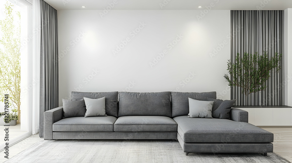 Fototapeta premium Modern gray couch in contemporary living room with natural light