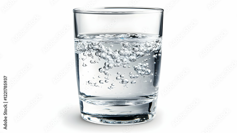 Clear glass with sparkling water and bubbles on white background Clear glass with sparkling water and bubbles on white background