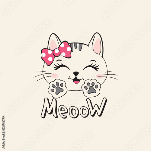 Adorable cute cat vector illustration in a charming style with a background of flowers, stars, and hearts
