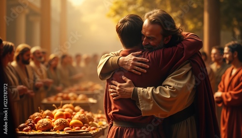 Father embraces returning son. Lavish feast prepared in background. Emotional reunion forgiveness, joy of reconciliation. Family celebration. Spiritual scene captures heartfelt moment of redemption.