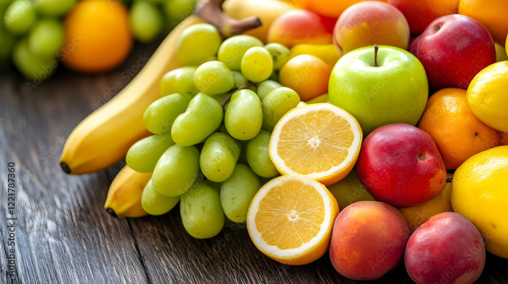 Fresh Assortment of Fruits on Wooden Table with Vibrant Colors Fresh Assortment of Fruits on Wooden Table with Vibrant Colors
