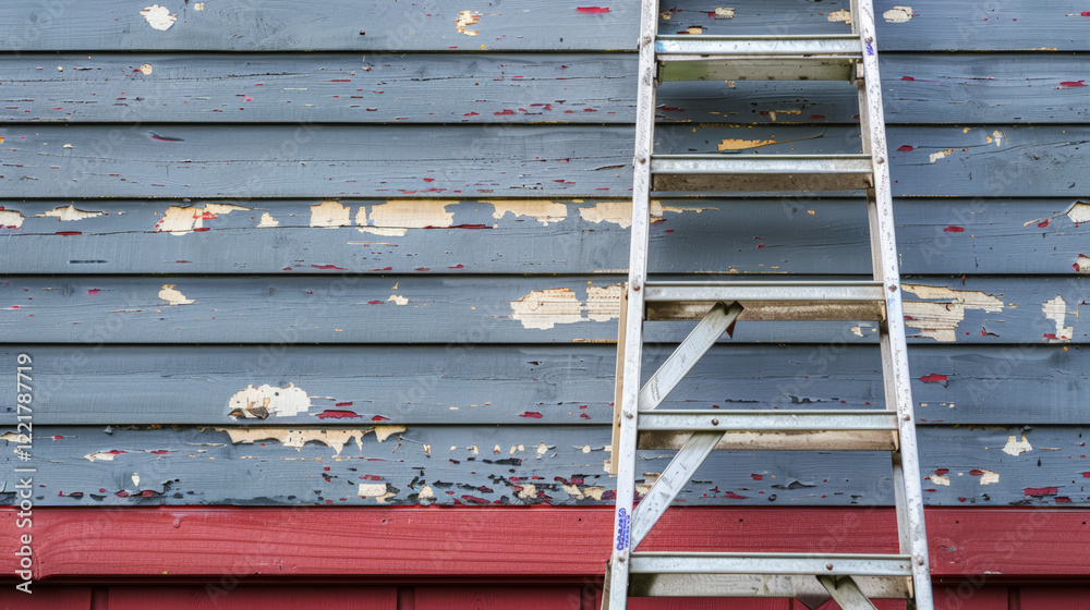 Peeling paint on house with ladder positioned for repairs Peeling paint on house with ladder positioned for repairs