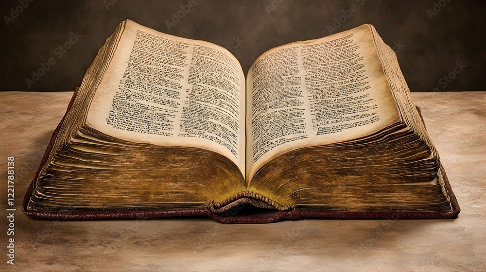 Antique Open Book with Yellowed Pages and Intricate Text Layout Antique Open Book with Yellowed Pages and Intricate Text Layout