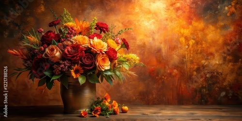 Wallpaper Mural Autumnal Floral Arrangement in a Gilded Vase on Rustic Wood Torontodigital.ca