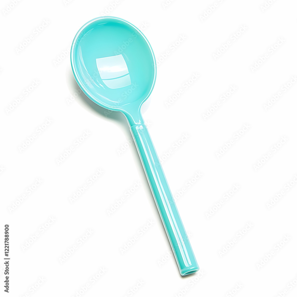 Teal plastic spoon on white background, food serving Teal plastic spoon on white background, food serving