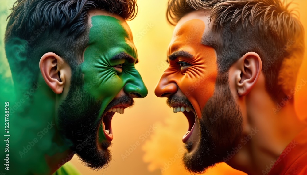 Two men face off intensely. Faces painted in contrasting team colors green, orange. Look directly at. Expressions passionate, determined, like rivals in fierce competition. Photo could depict Two men face off intensely. Faces painted in contrasting team colors green, orange. Look directly at. Expressions passionate, determined, like rivals in fierce competition. Photo could depict