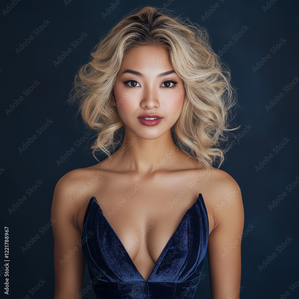 Naklejka premium Elegant portrait of a model in a blue dress studio setting fashion photography dramatic lighting close-up beauty and style concept