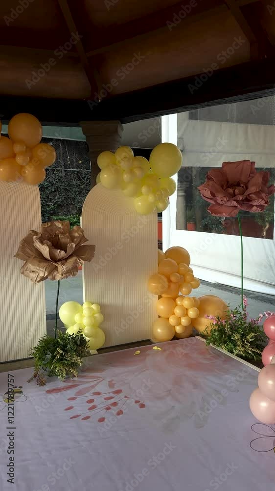 Party decorations in brown and yellow color palette