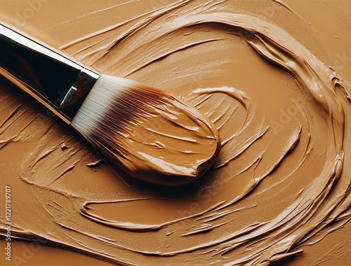 Make up a brush with liquid foundation on a background of brown color smears, top view.  with generative ai