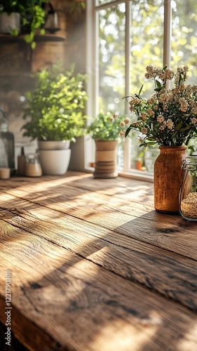 a vase of flowers on a wooden table in a kitchen