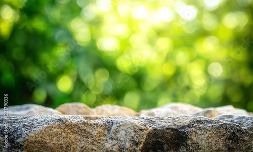 Marble table top with a blurred green bokeh background for product display, banner, mockup,  with generative ai