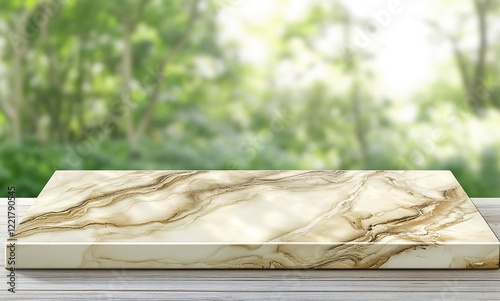 Marble table top with a blurred green bokeh background for product display, banner, mockup,  with generative ai
