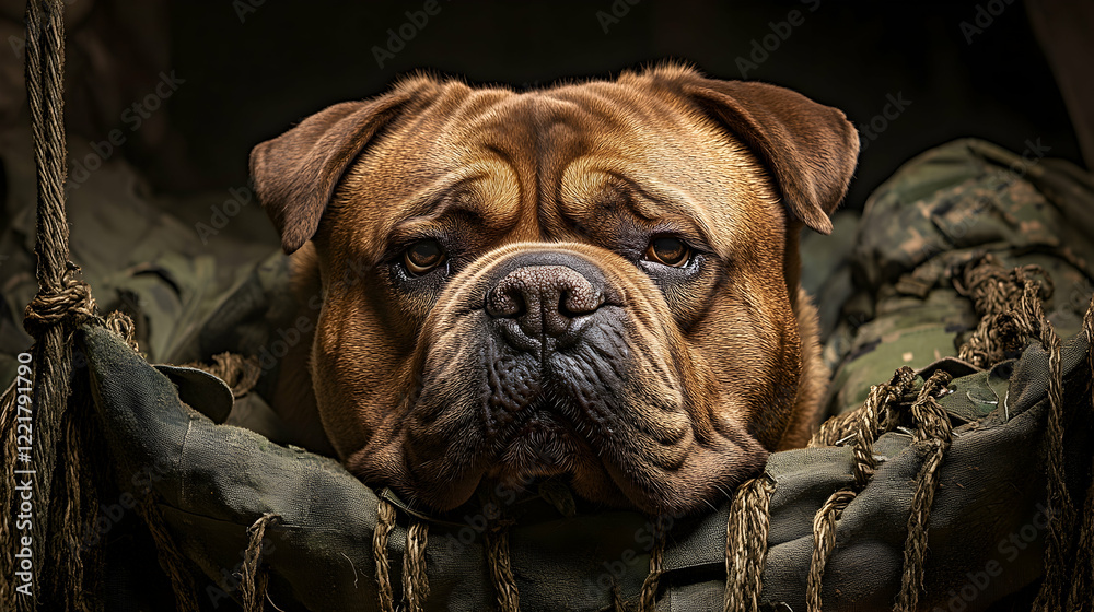 Obraz premium Regal Bulldog Resting in Military-Style Canvas Bed with Calm Expression