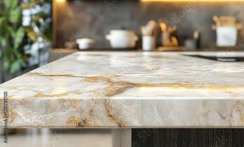 Marble table top with a blurred green bokeh background for product display, banner, mockup,  with generative ai