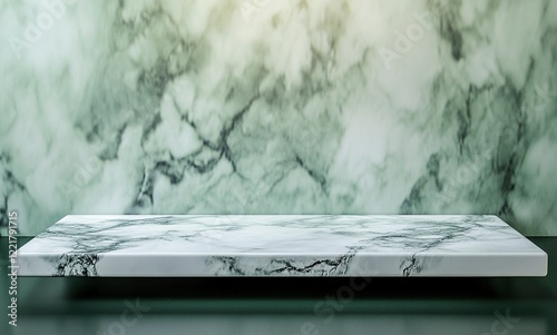 Marble table top with a blurred green bokeh background for product display, banner, mockup,  with generative ai
