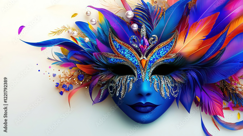 Naklejka premium Carnival is a vibrant festival of creativity. People wear artistic masks to celebrate. Vibrant Blue Mask with Colorful Feathers and Jewels