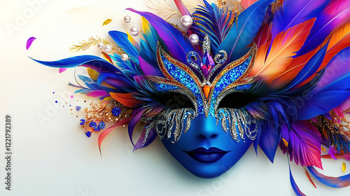 Carnival is a vibrant festival of creativity. People wear artistic masks to celebrate. Vibrant Blue Mask with Colorful Feathers and Jewels