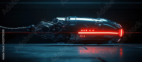 Stunning 3D render of a sleek advanced futuristic spacecraft with a powerful glowing metallic propulsion engine in a dark atmospheric environment