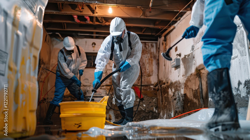 Cleaning team in protective gear removing mold in damaged area