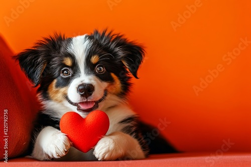 Australian shepherd - my beloved dog. Marketing visual idea. Cute australian shepherd doggy with diamond red heart - emblem of love, funny greeting card. Dogs and love. Romantic pets. Pet lov. photo