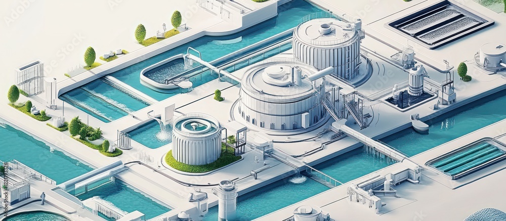 Fototapeta premium Isometric view of a modern water treatment plant with canals.