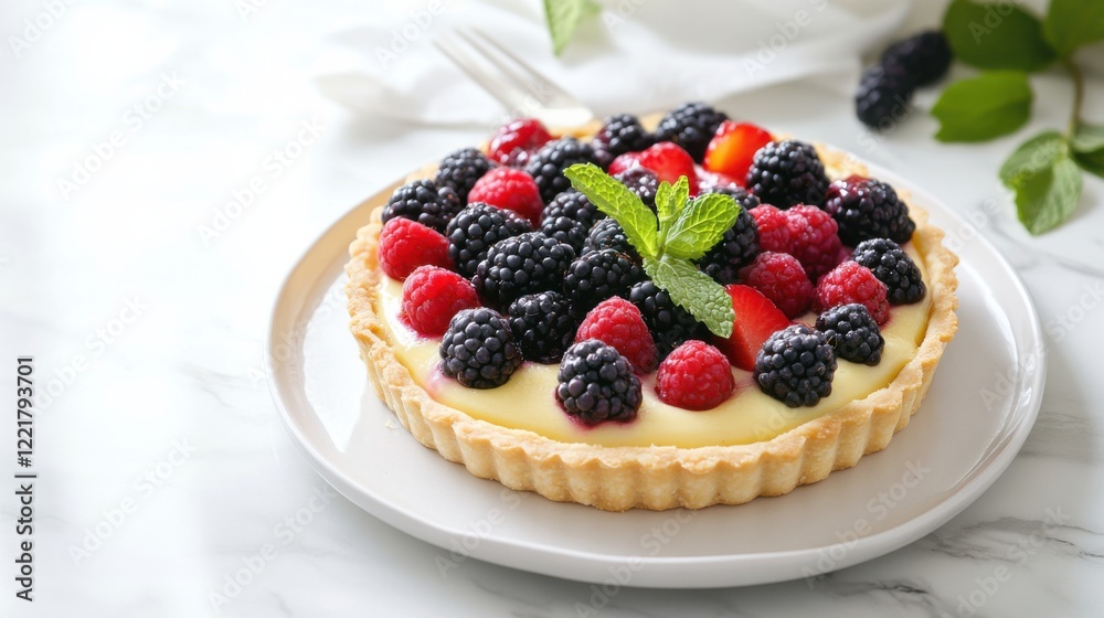 A beautifully arranged fruit tart with a buttery crust, creamy custard filling, and a colorful assortment of fresh fruits A beautifully arranged fruit tart with a buttery crust, creamy custard filling, and a colorful assortment of fresh fruits