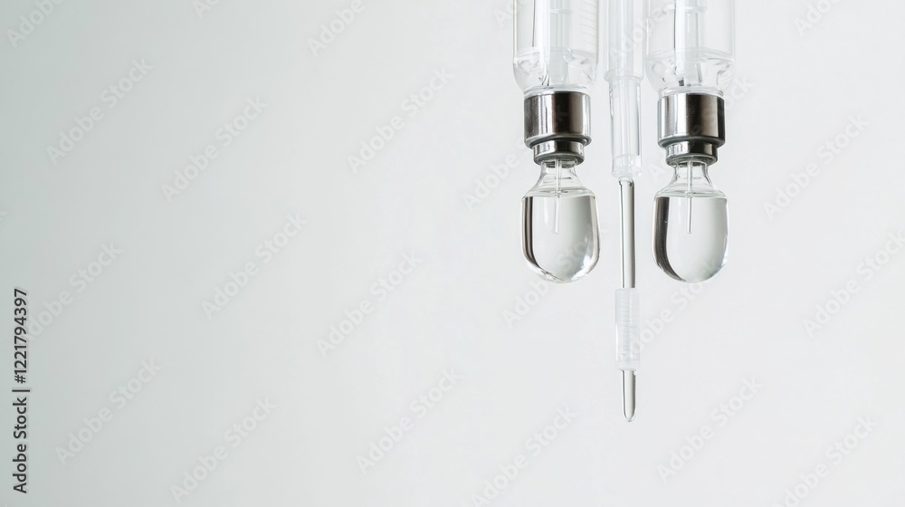A high-resolution close-up of a medical IV drip setup with clear fluid and tubing, against a white background, Minimalist style A high-resolution close-up of a medical IV drip setup with clear fluid and tubing, against a white background, Minimalist style