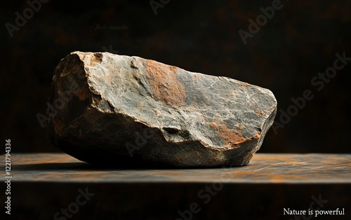 Photo of a smooth rock surface on a dark brown background for product display with space above,  with generative ai