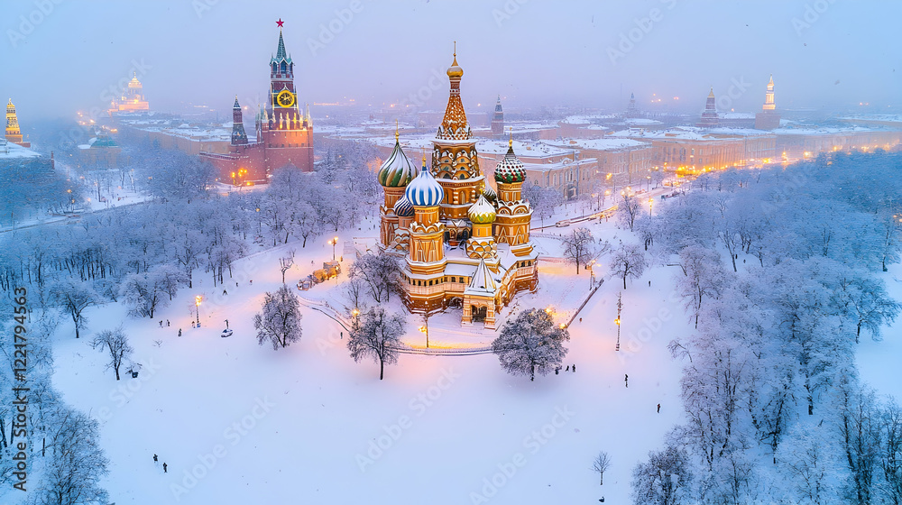 Obraz premium Aerial View of Saint Basil's Cathedral in Winter Wonderland Setting