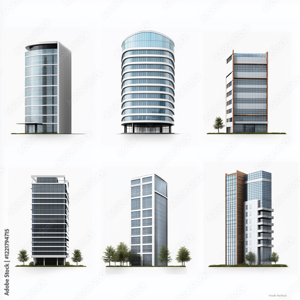 Six modern office buildings showing different architectural styles Six modern office buildings showing different architectural styles