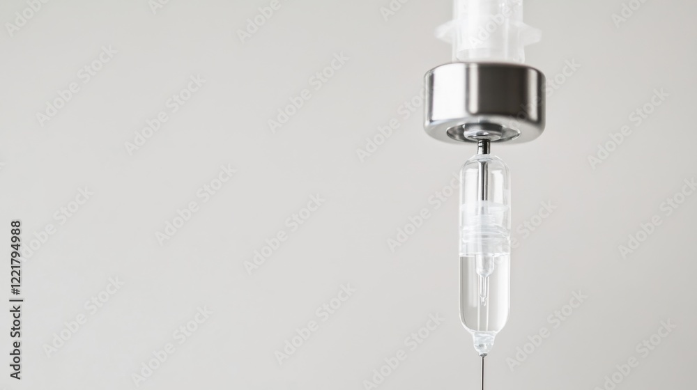 A high-resolution close-up of a medical IV drip setup with clear fluid and tubing, against a white background, Minimalist style A high-resolution close-up of a medical IV drip setup with clear fluid and tubing, against a white background, Minimalist style