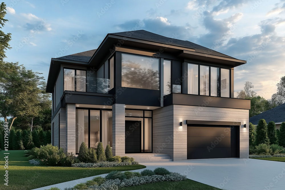 Fototapeta premium Modern two-story house with large windows
