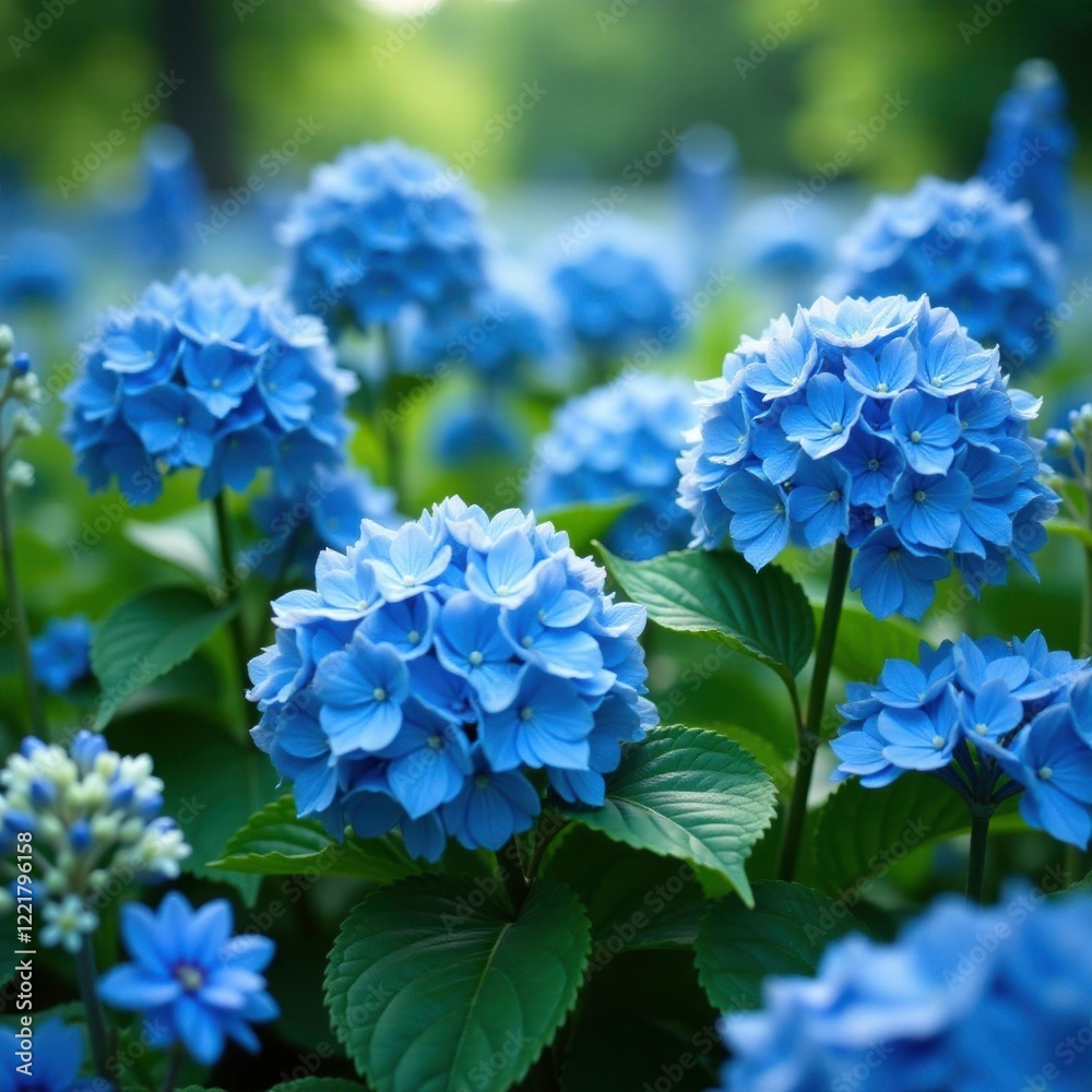 lush blue hydrangeas and delphiniums in a field of blue, blue flowers, delphiniums lush blue hydrangeas and delphiniums in a field of blue, blue flowers, delphiniums