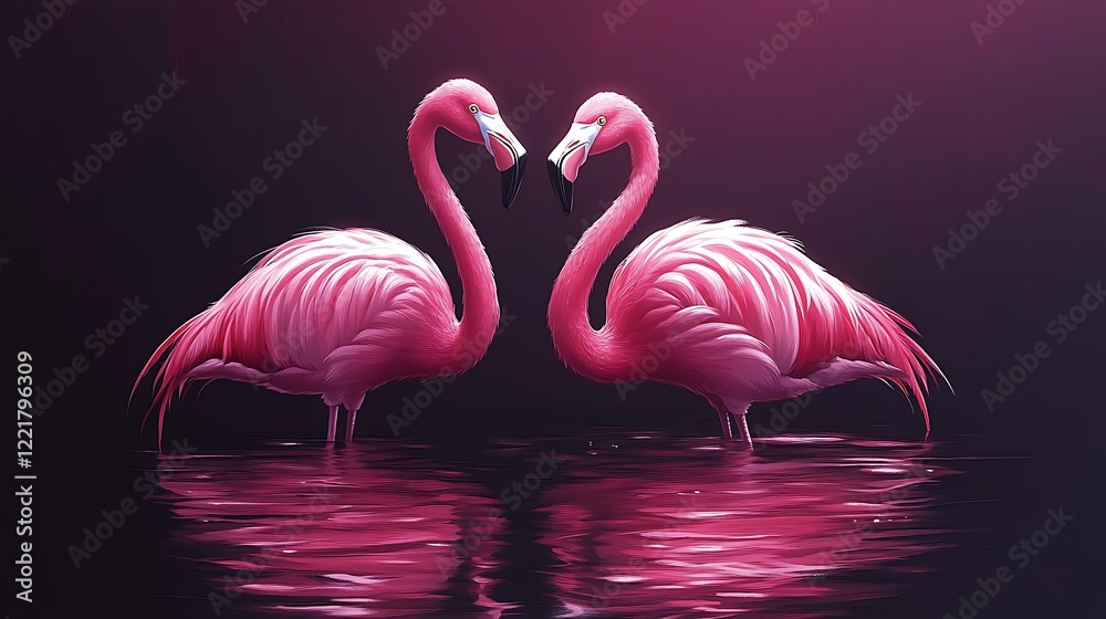 Naklejka premium Two Pink Flamingos Gracefully Stand in Water