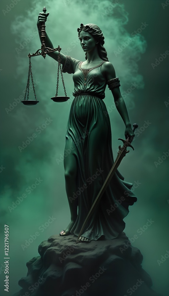 Lady Justice statue stands on rock. Holds scales, sword. Justice symbol. Law concept. Legal art. Represents balance fairness. Powerful figure. Dark background. Historical symbol. Legal authority. Lady Justice statue stands on rock. Holds scales, sword. Justice symbol. Law concept. Legal art. Represents balance fairness. Powerful figure. Dark background. Historical symbol. Legal authority.