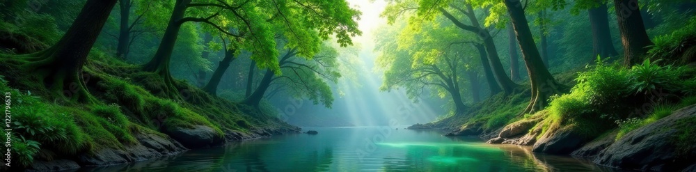Lush forest canopy above tranquil river waters, forest, trees, fauna Lush forest canopy above tranquil river waters, forest, trees, fauna