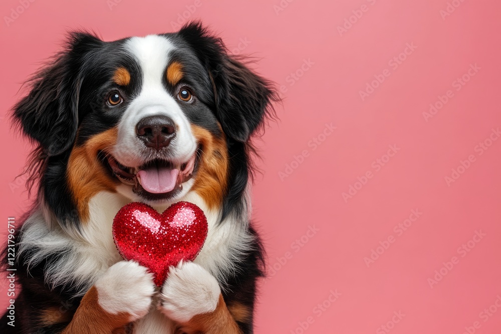 Fototapeta premium Bernese mountain dog - my preferred dog. Marketing concept art idea. Cute bernese mountain dog with sparkling rhinestones red heart - sign of love, funny greeting card. Valentine's day.