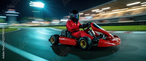 Go-kart racer in red suit drives fast on night track. Fast action, blur motion on speed racing track. Night race, excitement, competition. Driver in helmet, gear. Dynamic sport performance at night.