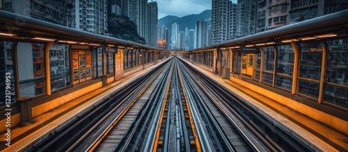 Elevated train tracks vanishing point in urban city.