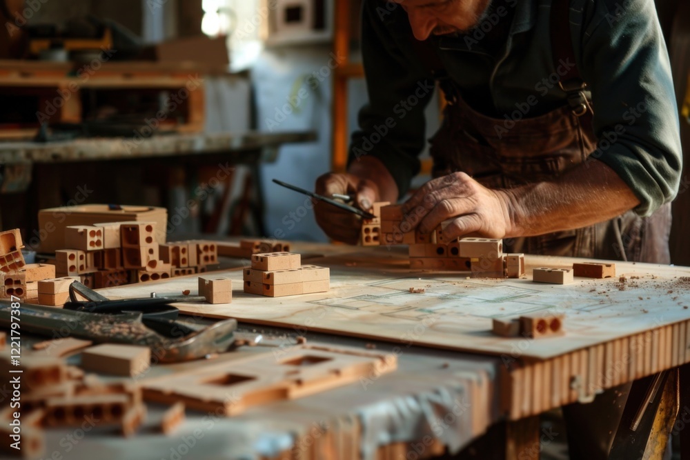 Architect and construction worker discussing house plans with bricks and tools on a table Architect and construction worker discussing house plans with bricks and tools on a table
