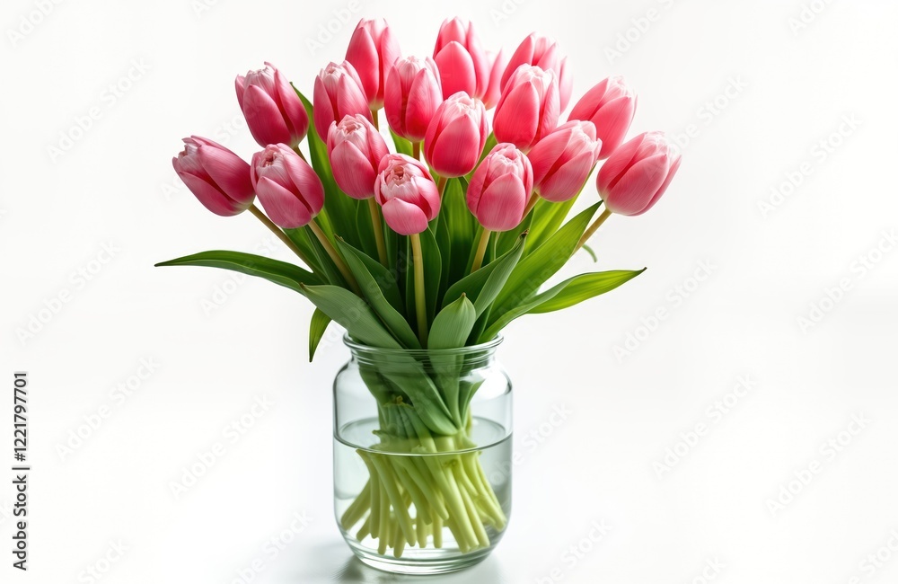 Pink tulips arranged in clear glass vase. Bunch of fresh flowers vibrant, beautiful. Isolated on white background. Spring flowers. Romantic celebratory gift. Floral decor for home. Elegant display. Pink tulips arranged in clear glass vase. Bunch of fresh flowers vibrant, beautiful. Isolated on white background. Spring flowers. Romantic celebratory gift. Floral decor for home. Elegant display.