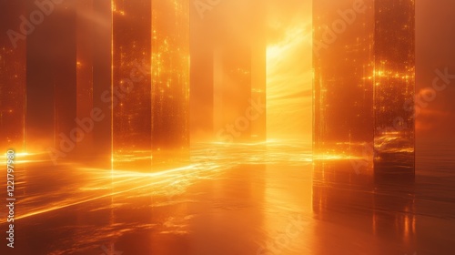 Golden Futuristic Cityscape Sunset Glow Abstract Architecture Digital Art