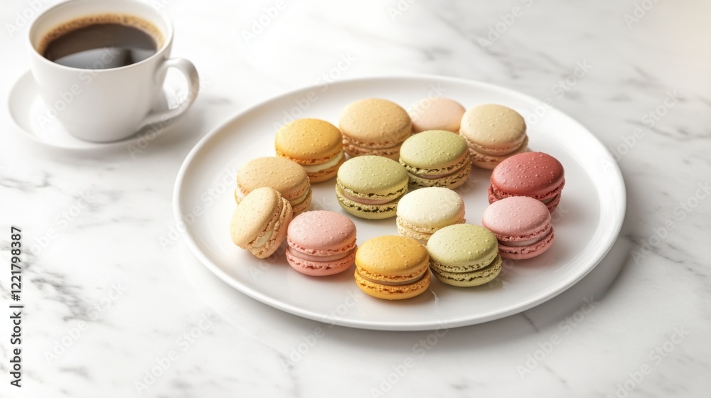 A beautifully arranged plate of assorted macarons in different colors and flavors, including pistachio, raspberry A beautifully arranged plate of assorted macarons in different colors and flavors, including pistachio, raspberry