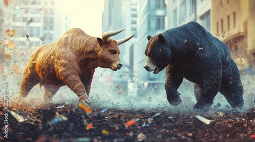 Bull and bear facing off in city street, financial market conflict.