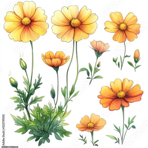 A collection of eight yellow and orange cosmos flowers in various stages of bloom, with buds, foliage, and stems.